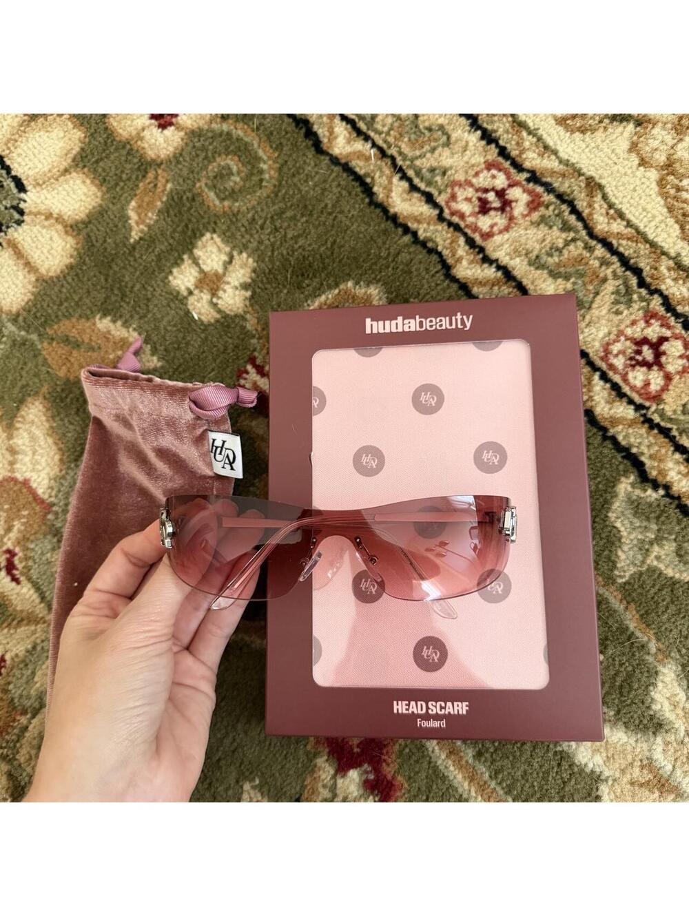 Huda beauty hair scarf + pink sunglasses